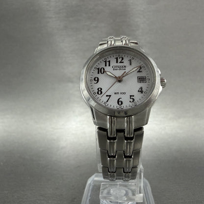 Citizen EcoDrive Watch Women 25mm White Dial Silver Tone Date E011S06489 Runs5