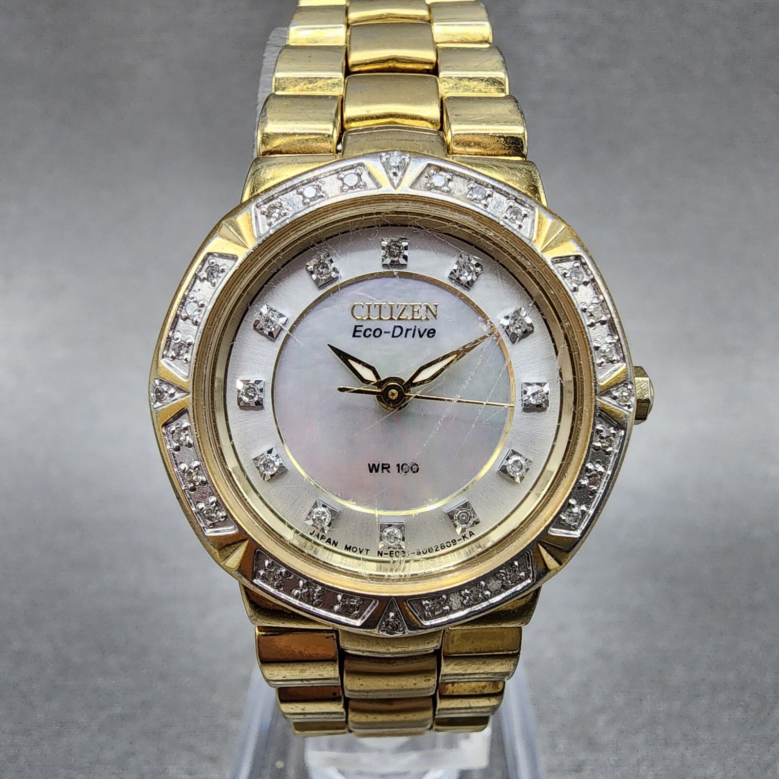 Citizen EcoDrive Watch Women 27mm MOP Dial Gold Tone Diamond Bezel Round Works0