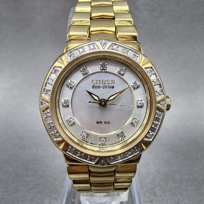 Citizen EcoDrive Watch Women 27mm MOP Dial Gold Tone Diamond Bezel Round Works0