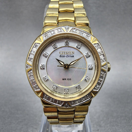 Citizen EcoDrive Watch Women 27mm MOP Dial Gold Tone Diamond Bezel Round Works0