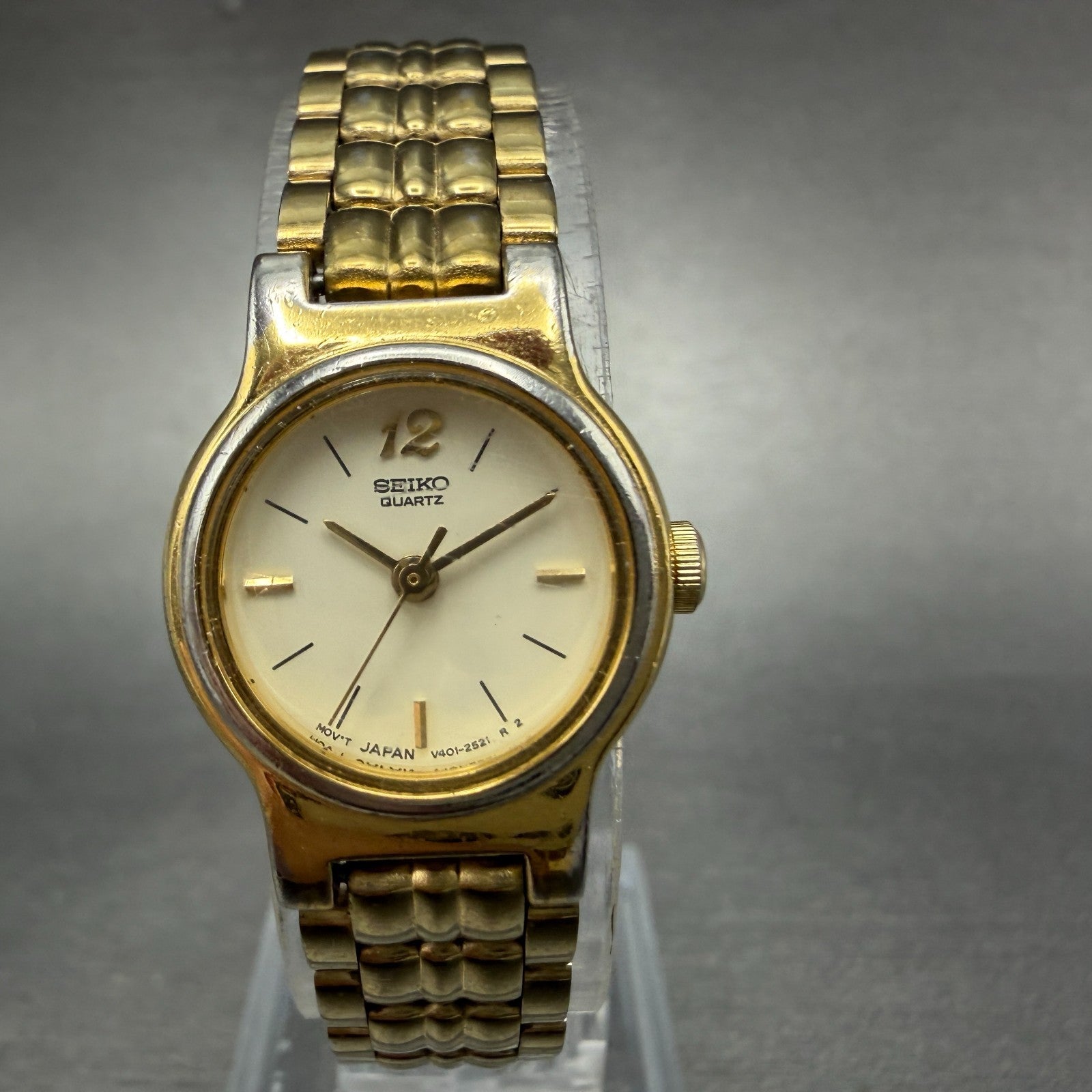 Seiko Watch Women 19mm Cream Dial Gold Tone Round Vintage V401-0988 New Battery0