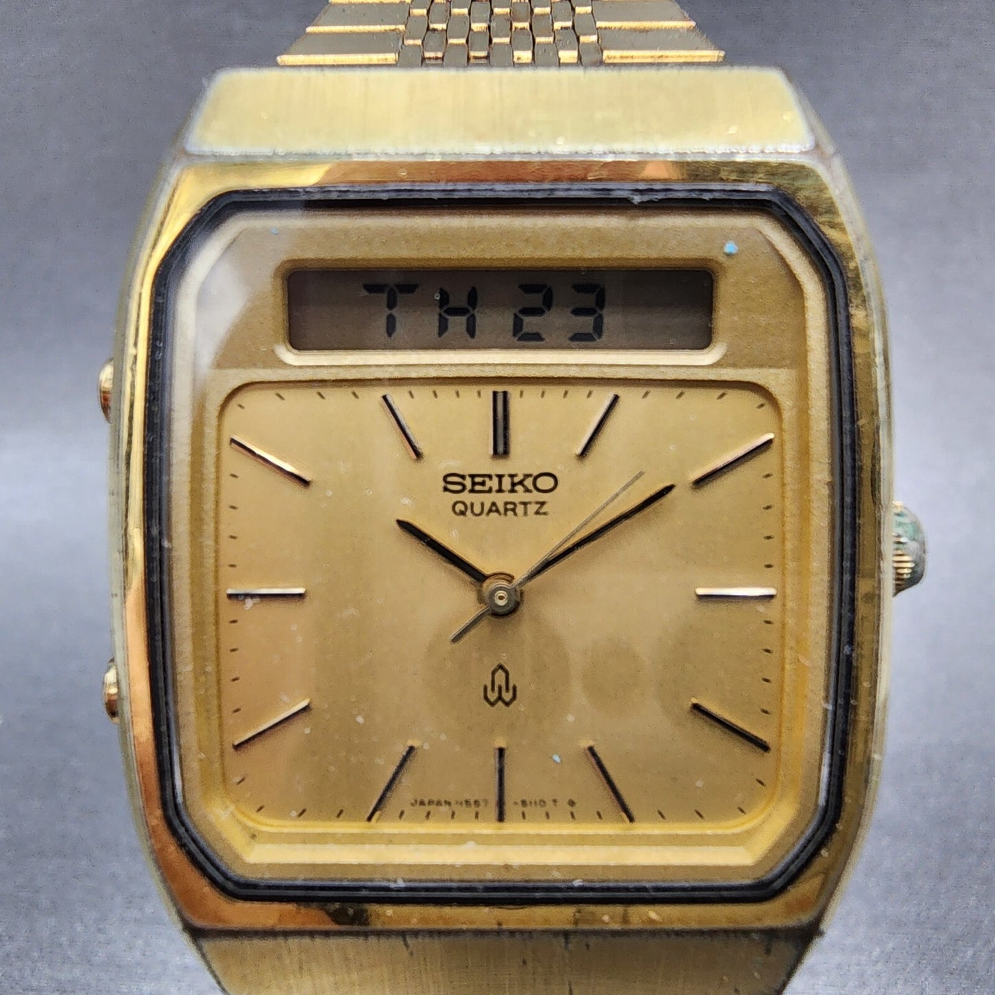 Seiko Analog Digital Watch Men 31mm Gold Dial Gold Tone Rectangle New battery