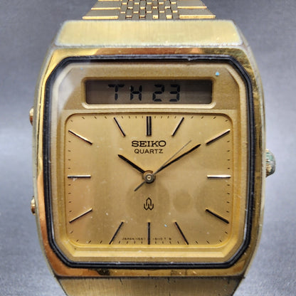 Seiko Analog Digital Watch Men 31mm Gold Dial Gold Tone Rectangle New battery