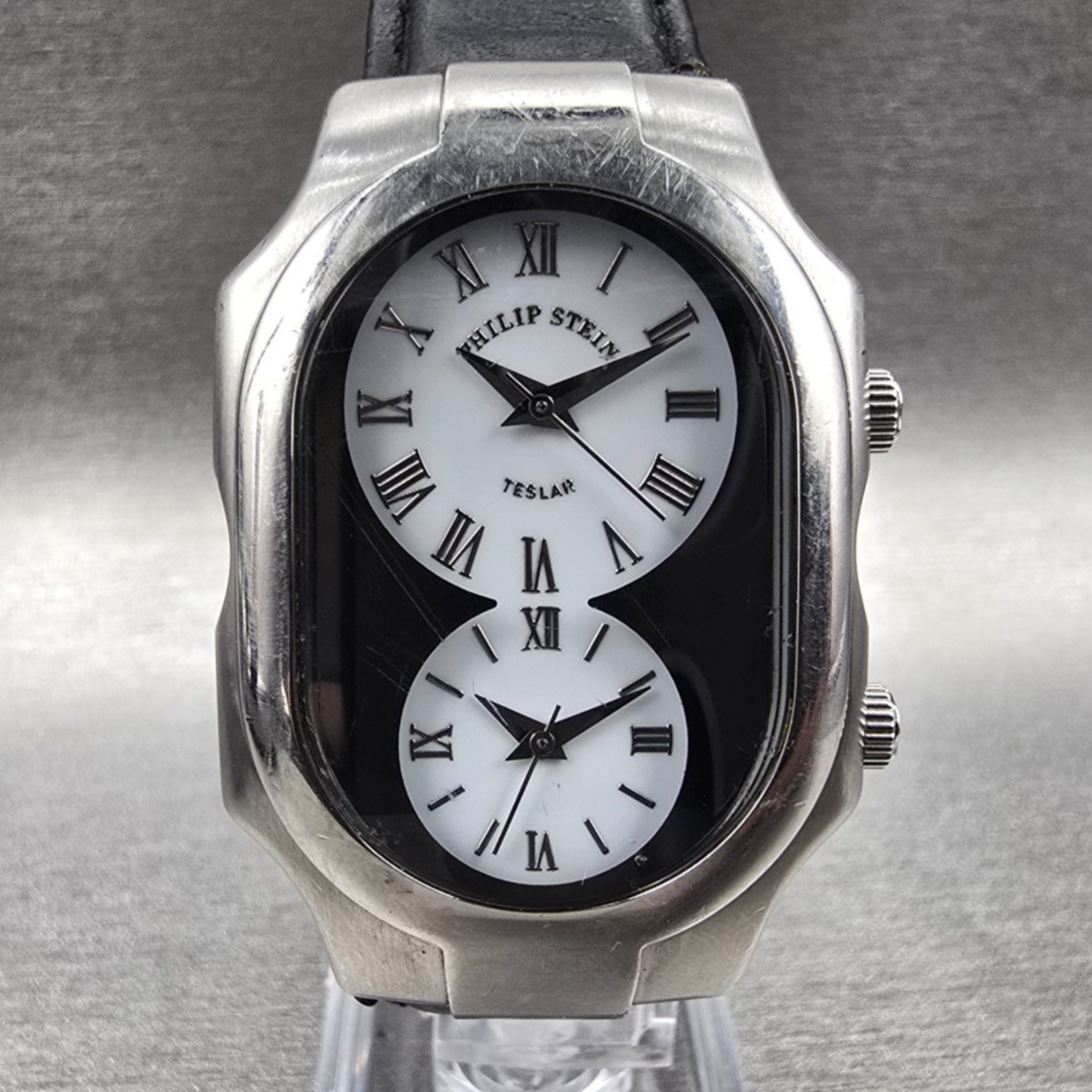 Philip Stein Teslar Watch Men 32mm White Dial Silver Tone Dual Time New Battery0
