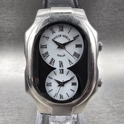 Philip Stein Teslar Watch Men 32mm White Dial Silver Tone Dual Time New Battery0