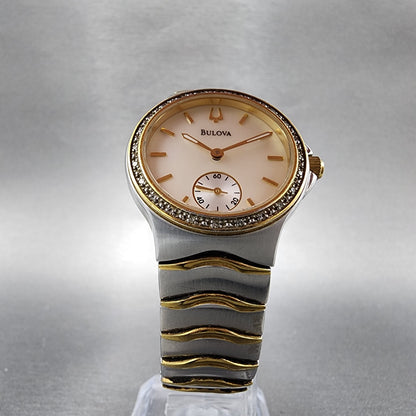 Bulova Watch Women 29mm MOP Dial Two Tone Diamond Bezel Round New Battery 98W125