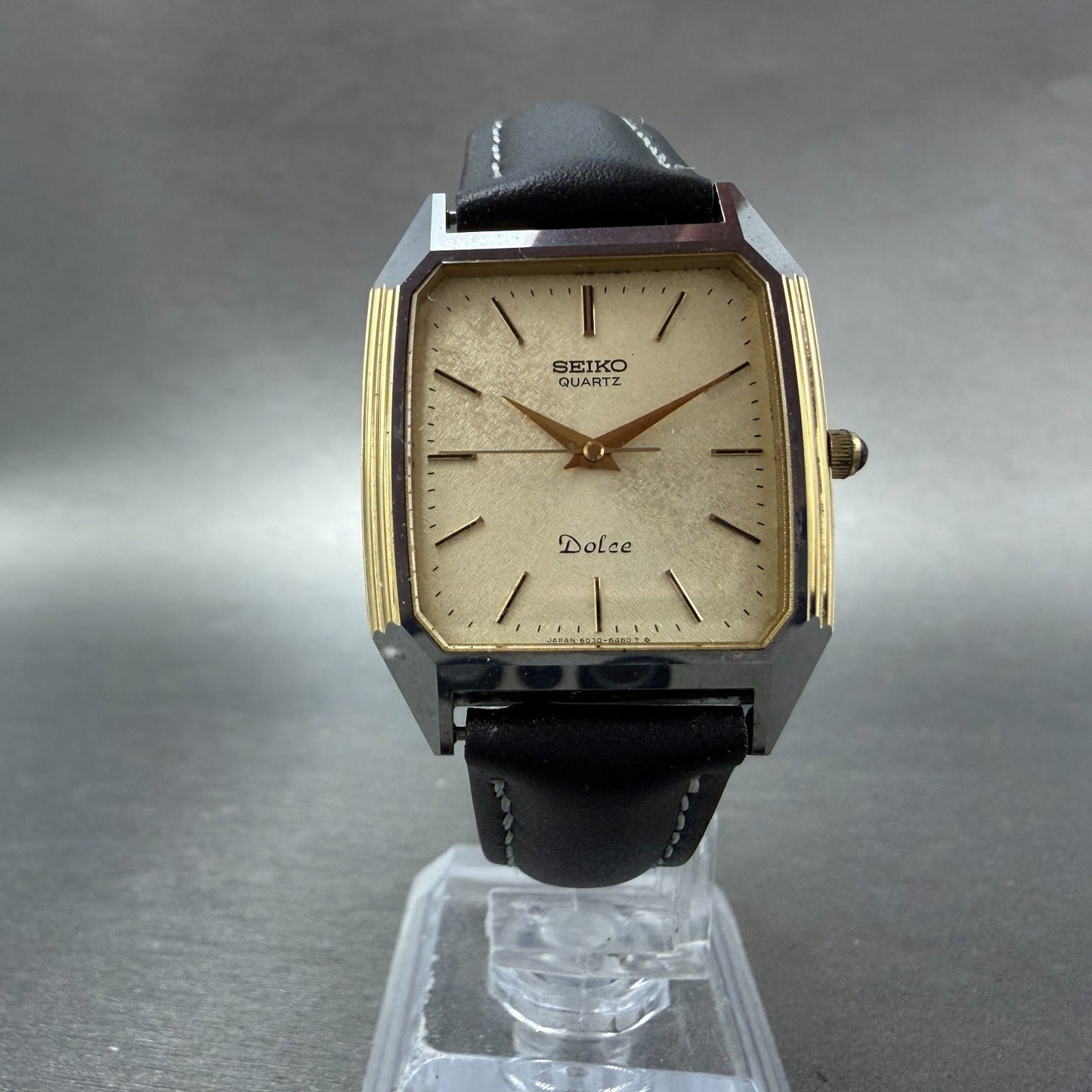 Seiko Dolce Tank Watch Men 28mm Champagne Dial Two Tone 6030-5390 New Battery6