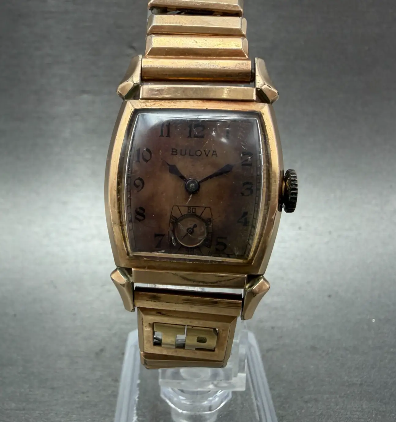 Bulova Watch Men 25mm Brown Dial Rose Gold Tone Rectangle Manual Wind PARTS0