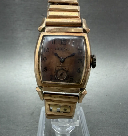 Bulova Watch Men 25mm Brown Dial Rose Gold Tone Rectangle Manual Wind PARTS0
