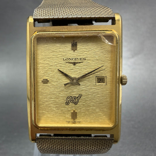 Longines Tank Watch Men 26mm Gold Dial Gold Tone Date Rectangle New Battery0