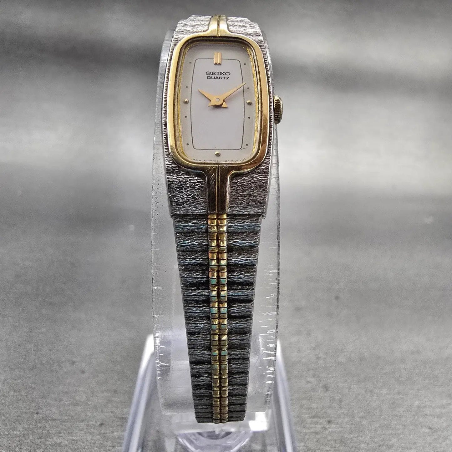 Seiko Watch Women 13mm White Dial Two Tone Rectangle 2E20-6319 New Battery VTG5
