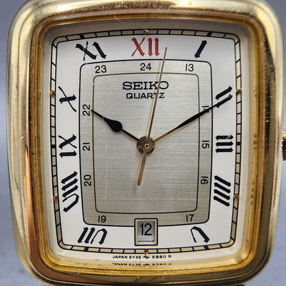 Seiko Tank Watch Men 28mm Champagne Dial Gold Tone Date 5y325809 New Battery1