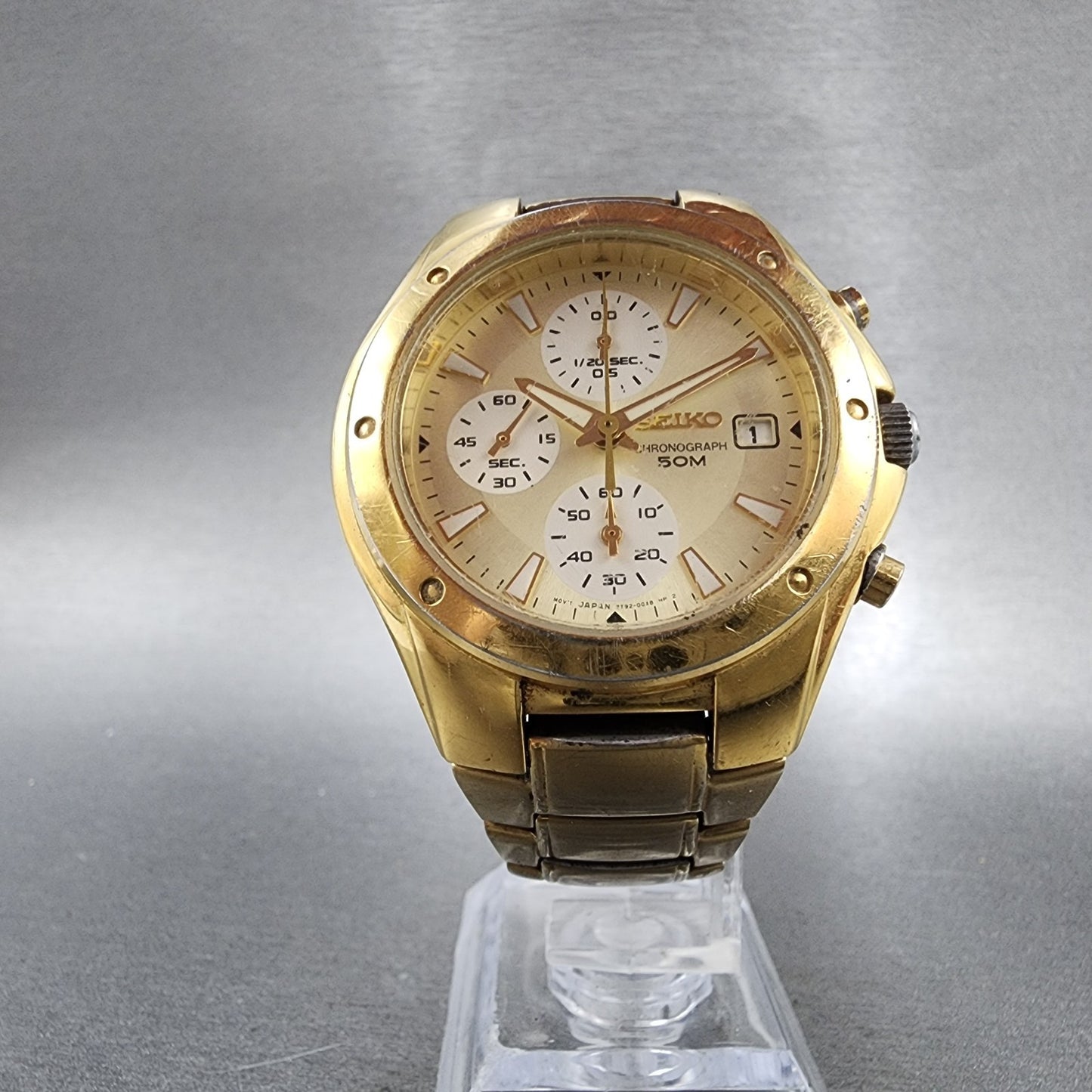Seiko Chronograph Watch Men 39mm Champagne Dial Gold Tone Date New Battery5