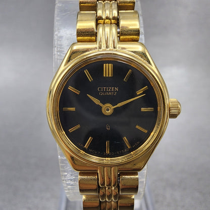 Citizen CQ Watch Women 17mm Black Dial Gold Tone Round 3220S28171 New Battery1