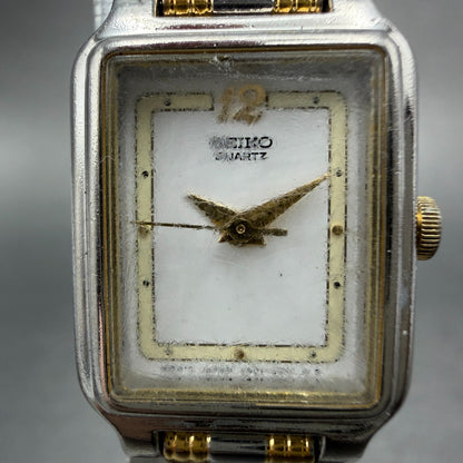 Seiko Tank Watch Women 18mm White Dial Two Tone Rectangle V401-5129 New Batt H2W1