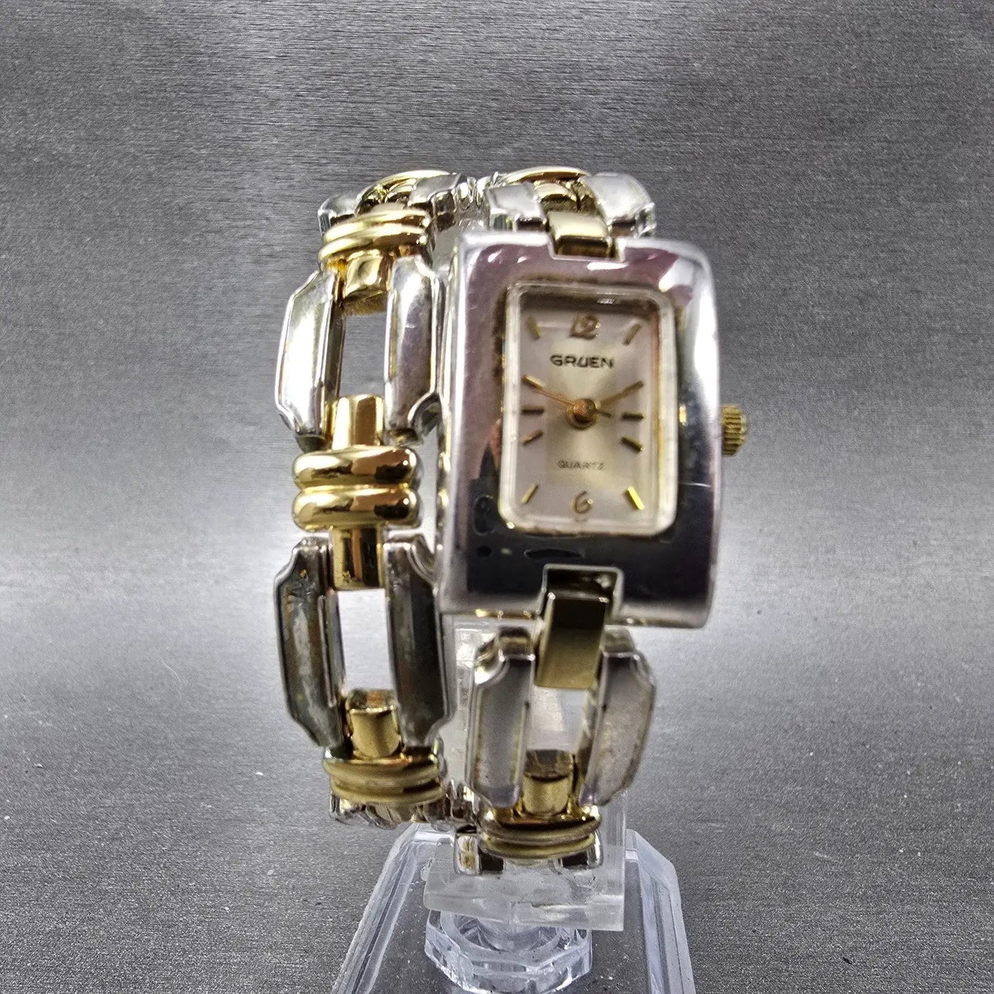 Gruen Tank Watch Women 18mm Silver Dial Two Tone Rectangle Wrap Around New Batt6