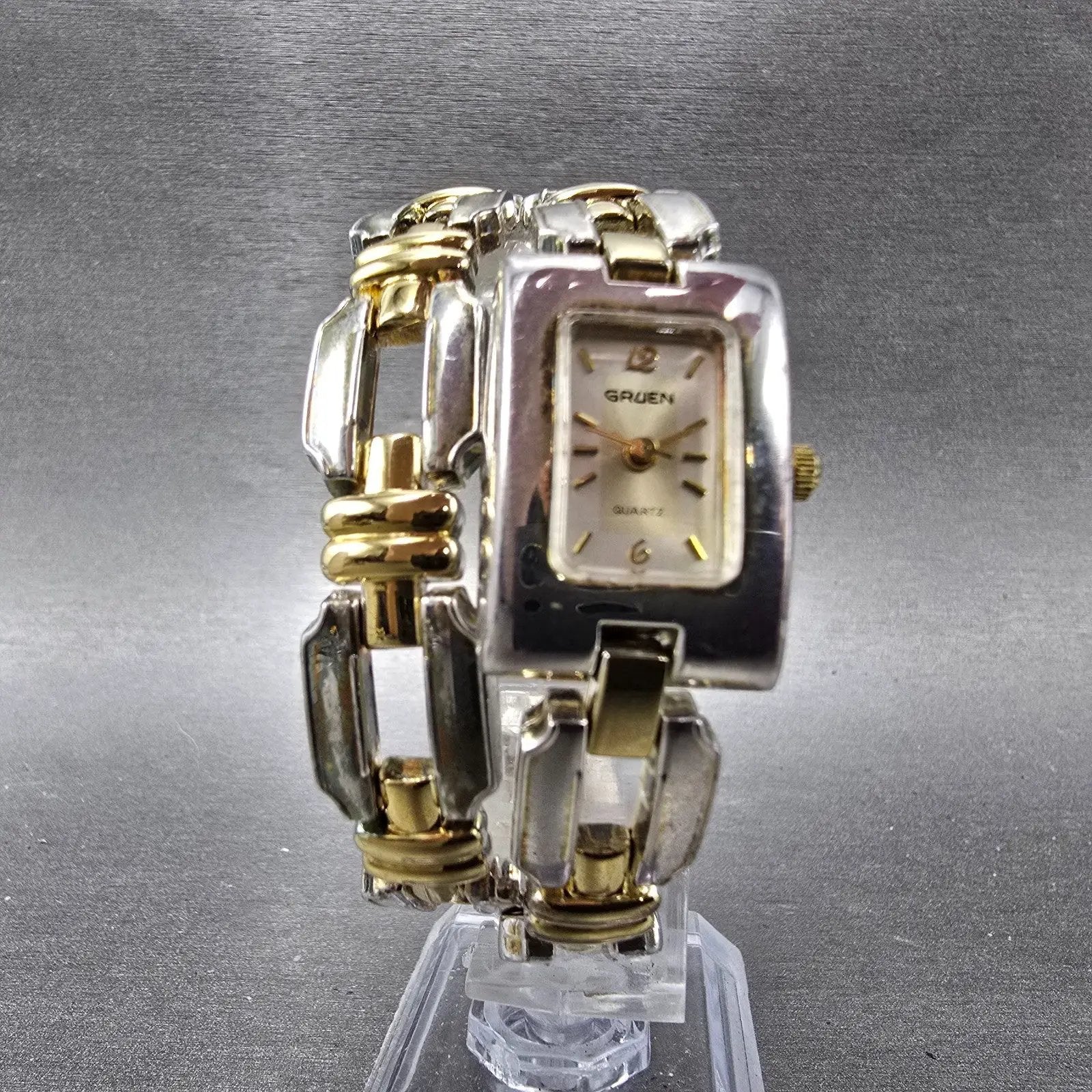 Gruen Tank Watch Women 18mm Silver Dial Two Tone Rectangle Wrap Around New Batt6