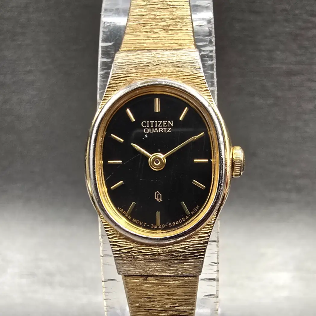 Citizen CQ Watch Women 17mm Black Dial Gold Tone Oval 3220-S16598 New Battery TR0