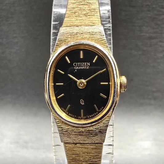 Citizen CQ Watch Women 17mm Black Dial Gold Tone Oval 3220-S16598 New Battery TR0