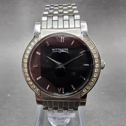 Wittnauer Watch Women 27mm Black Dial Steel Diamond Accents Round New Battery0