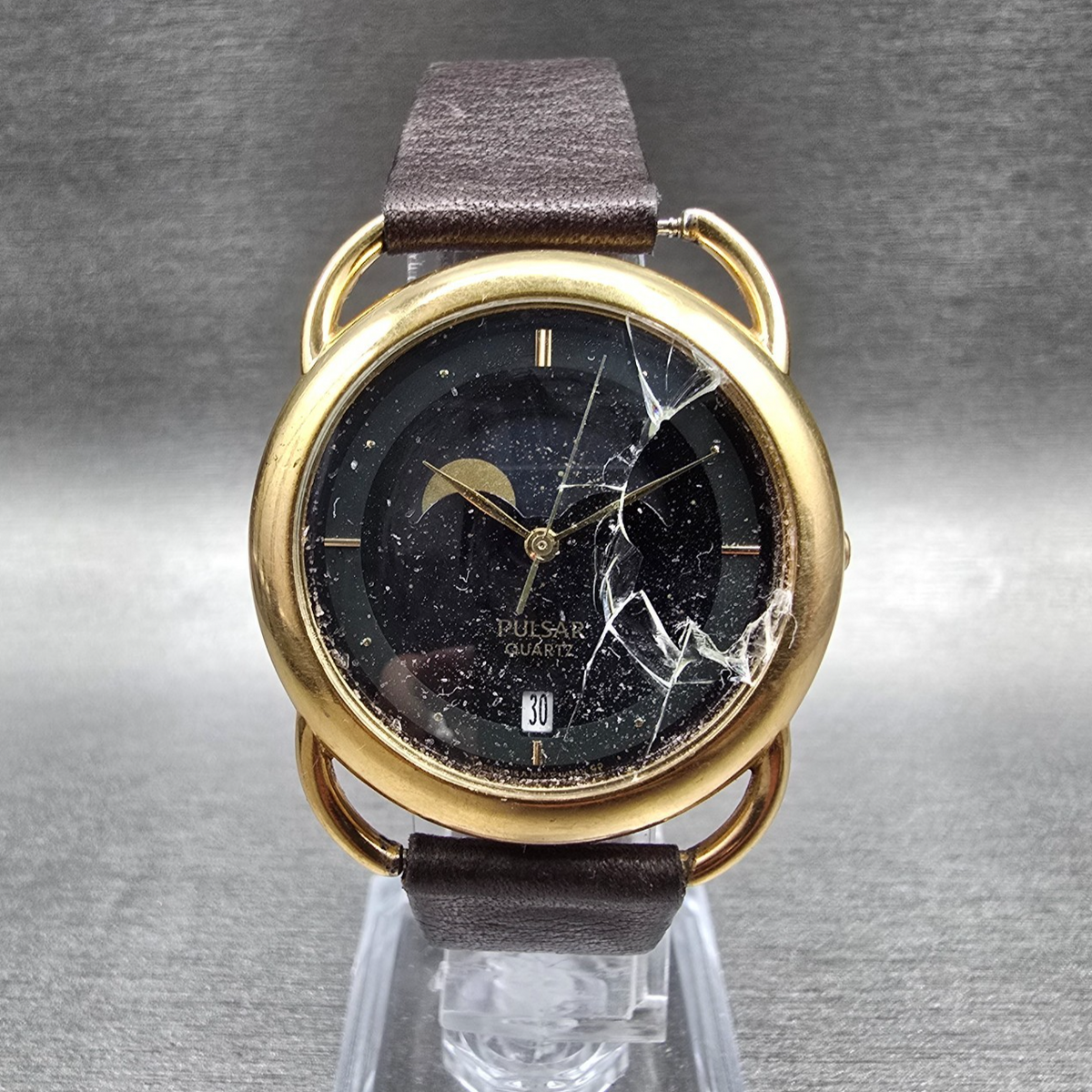 Pulsar Moon Phase Watch Men 33mm Black Dial Gold Tone V338-6000 New Battery READ0