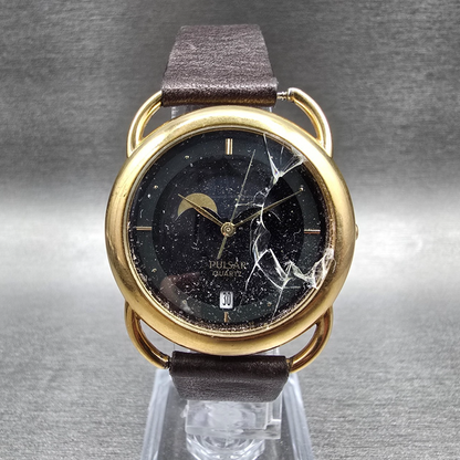 Pulsar Moon Phase Watch Men 33mm Black Dial Gold Tone V338-6000 New Battery READ0