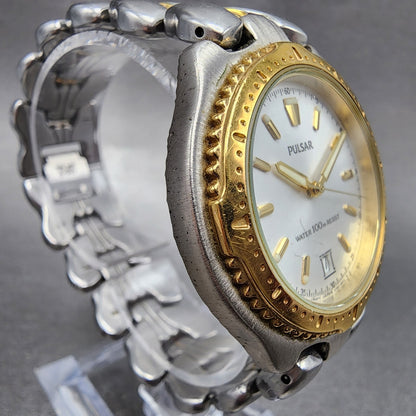 Pulsar Watch Men 37mm White Dial Two Tone Date Round V732-0010 New Battery