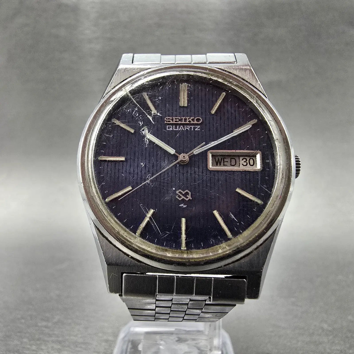 Seiko SQ Watch Men 34mm Blue Dial Silver Daydate 7123-8430 Round PARTS VTG6