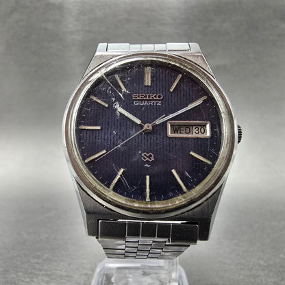 Seiko SQ Watch Men 34mm Blue Dial Silver Daydate 7123-8430 Round PARTS VTG6