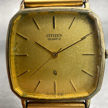 Citizen CQ Watch Men 30mm Gold Dial Gold Tone Rectangle 7923 Vintage New Battery1