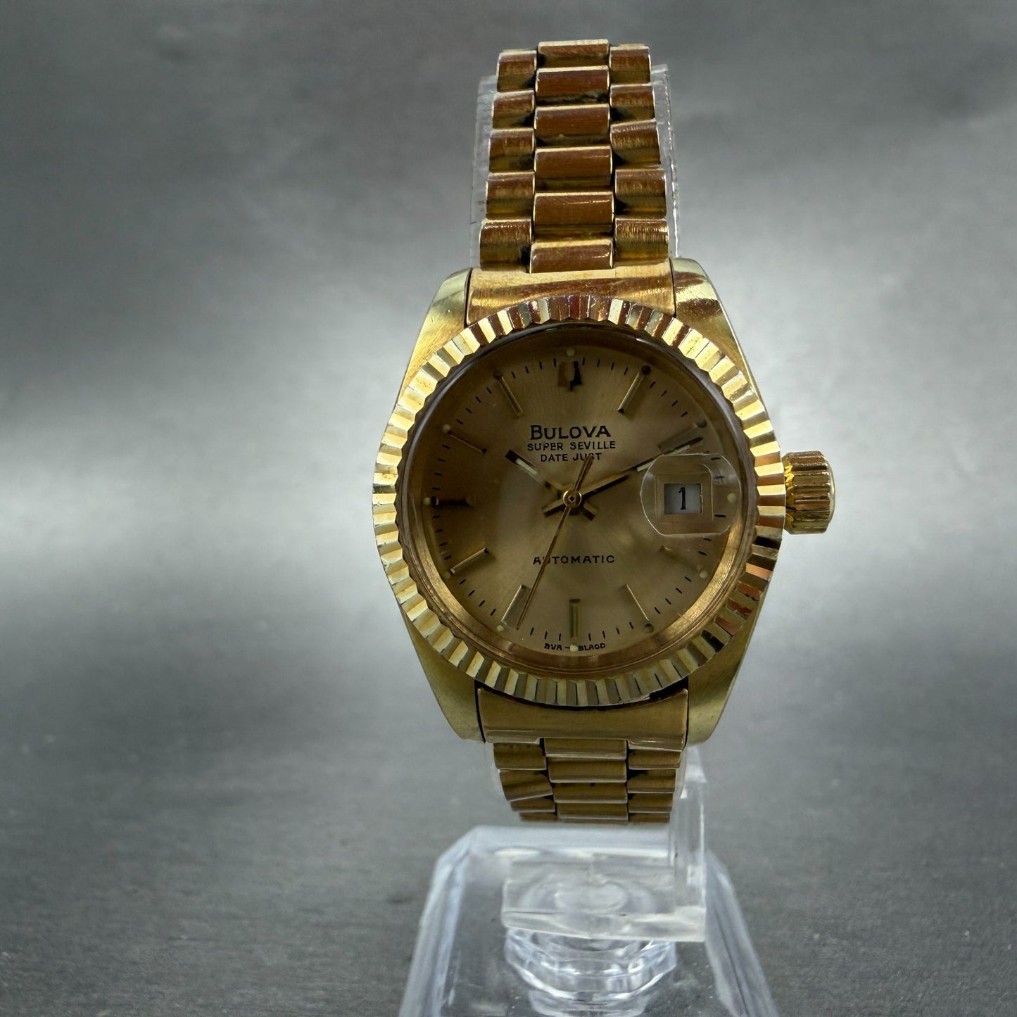 Bulova Super Seville Date Just Watch Women 26mm Gold Dial Gold Tone Automatic KL5