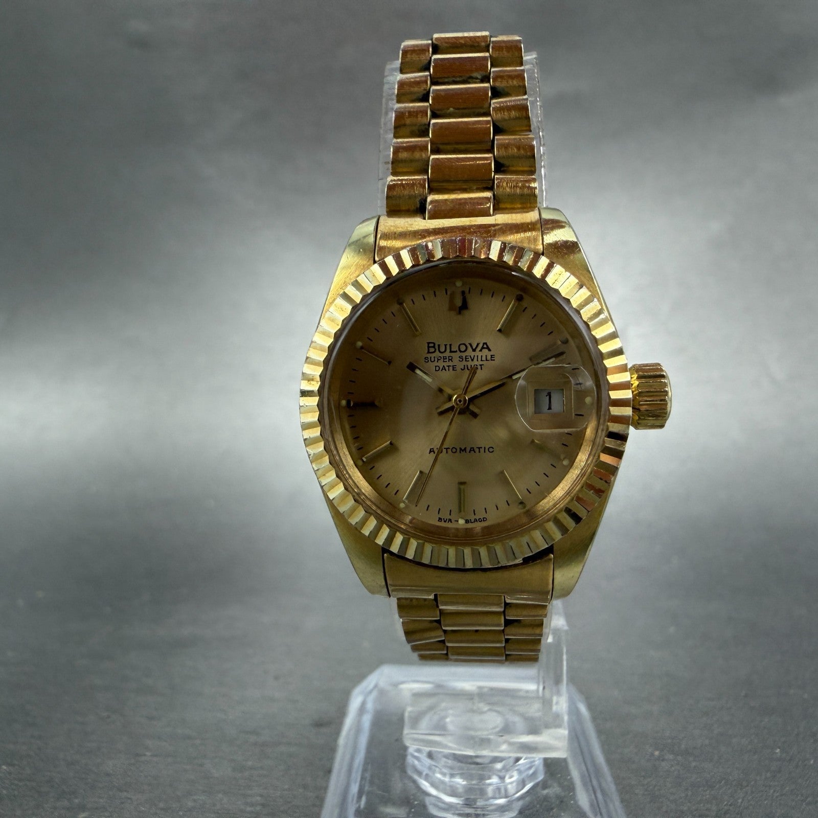 Bulova Super Seville Date Just Watch Women 26mm Gold Dial Gold Tone Automatic KL5