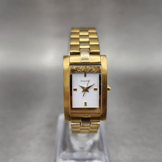 Bulova Tank Watch Women 17mm White Dial Gold Tone Rectangle 97T88 New Battery0