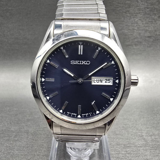 Seiko Watch Men 37mm Blue Dial Silver Tone Daydate Round 7N43-9070 New Battery0