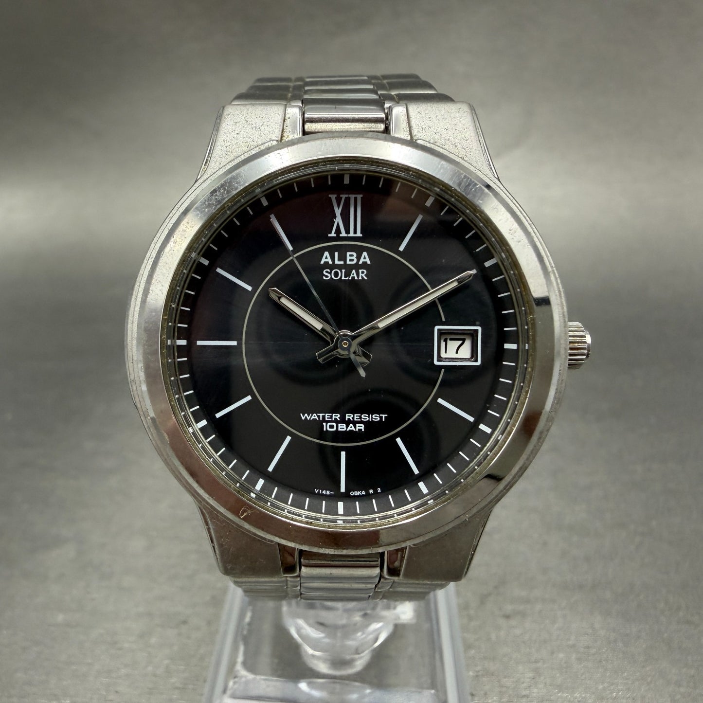 Seiko Alba Solar Watch Men 36mm black Dial Silver Tone Date V145-0AT0 Runs0