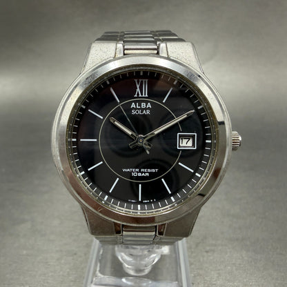 Seiko Alba Solar Watch Men 36mm black Dial Silver Tone Date V145-0AT0 Runs0