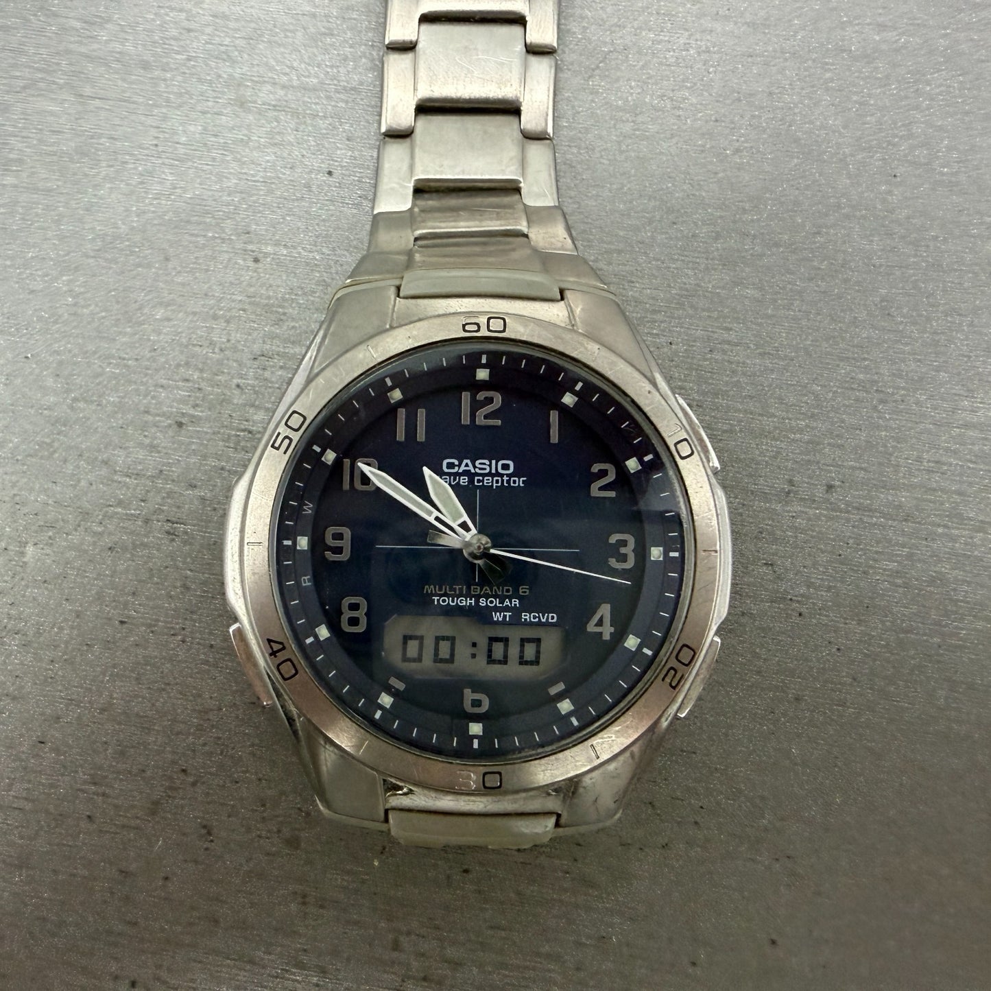 Casio Wave Ceptor Watch Men 42mm Blue Dial Steel Solar Analog Digital READ!!!!!!0