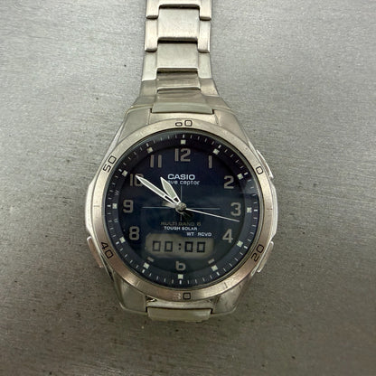 Casio Wave Ceptor Watch Men 42mm Blue Dial Steel Solar Analog Digital READ!!!!!!0