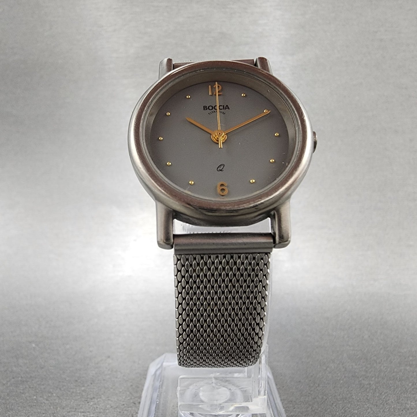 Boccia Titanium Watch Women 28mm Gray Dial Gray Tone Round Mesh Band New Battery5