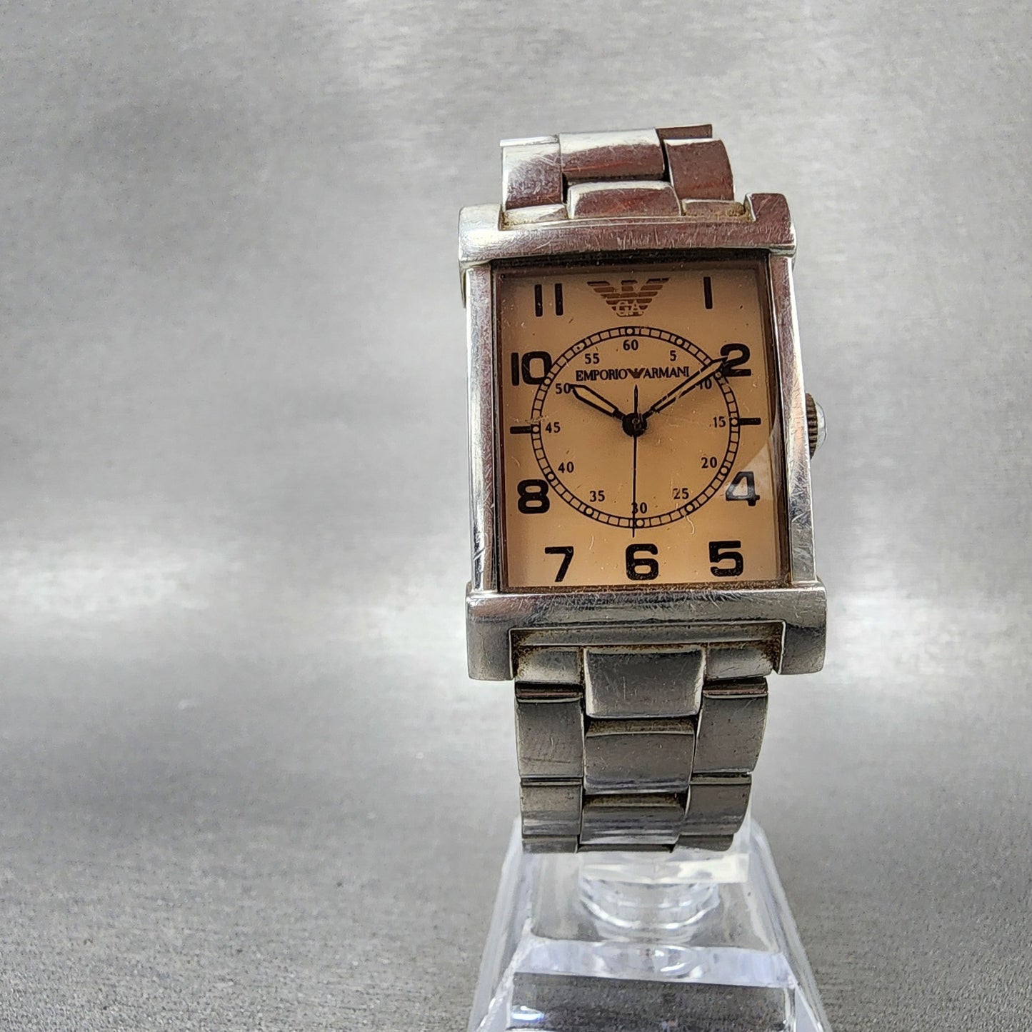 Emporio Armani Tank Watch Men 26mm Cream Dial Silver Tone Rectangle New Battery5