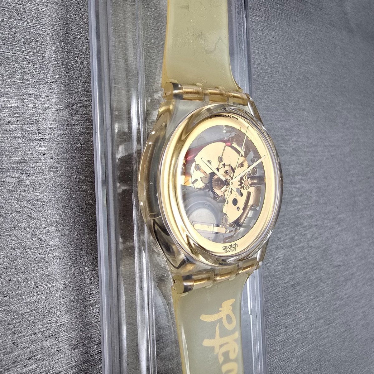 Swatch Golden Jelly Watch Men 34mm Skeleton Dial Clear Case GZ115 New Batt NOS5