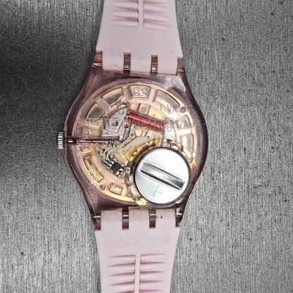 Swatch Merry Berry Watch Women 34mm Pink Dial Clear Case Round GP150 New Battery12