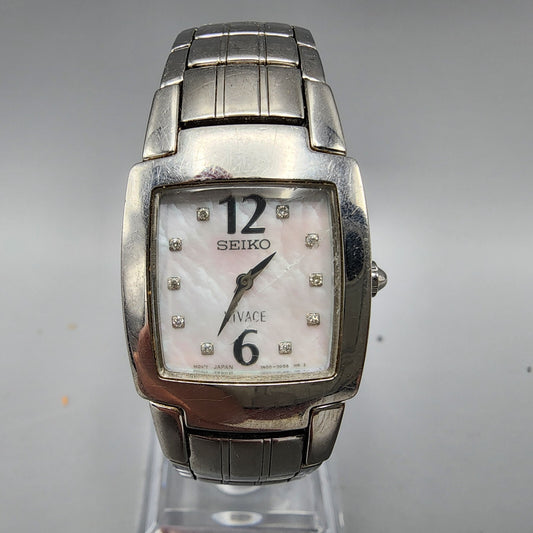 Seiko Vivace Watch Women Silver Tone MOP Dial Diamond Markers 22mm Square NewBat