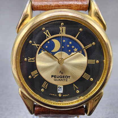 Peugeot Moonphase Watch Women 32mm Black Dial Gold Tone Date New Battery1