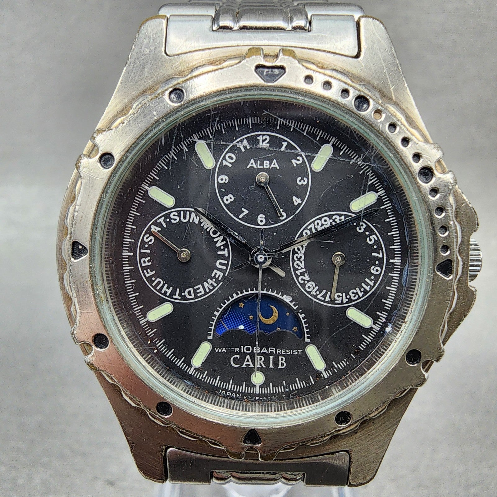 Seiko Alba Carib Watch Men 35mm Black Dial Silver Tone V33F6B20 New Battery1