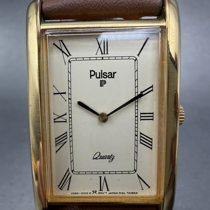 Seiko Pulsar Tank Watch Men 24mm Cream Dial Gild Tone V250-5000 New Battery VTG1