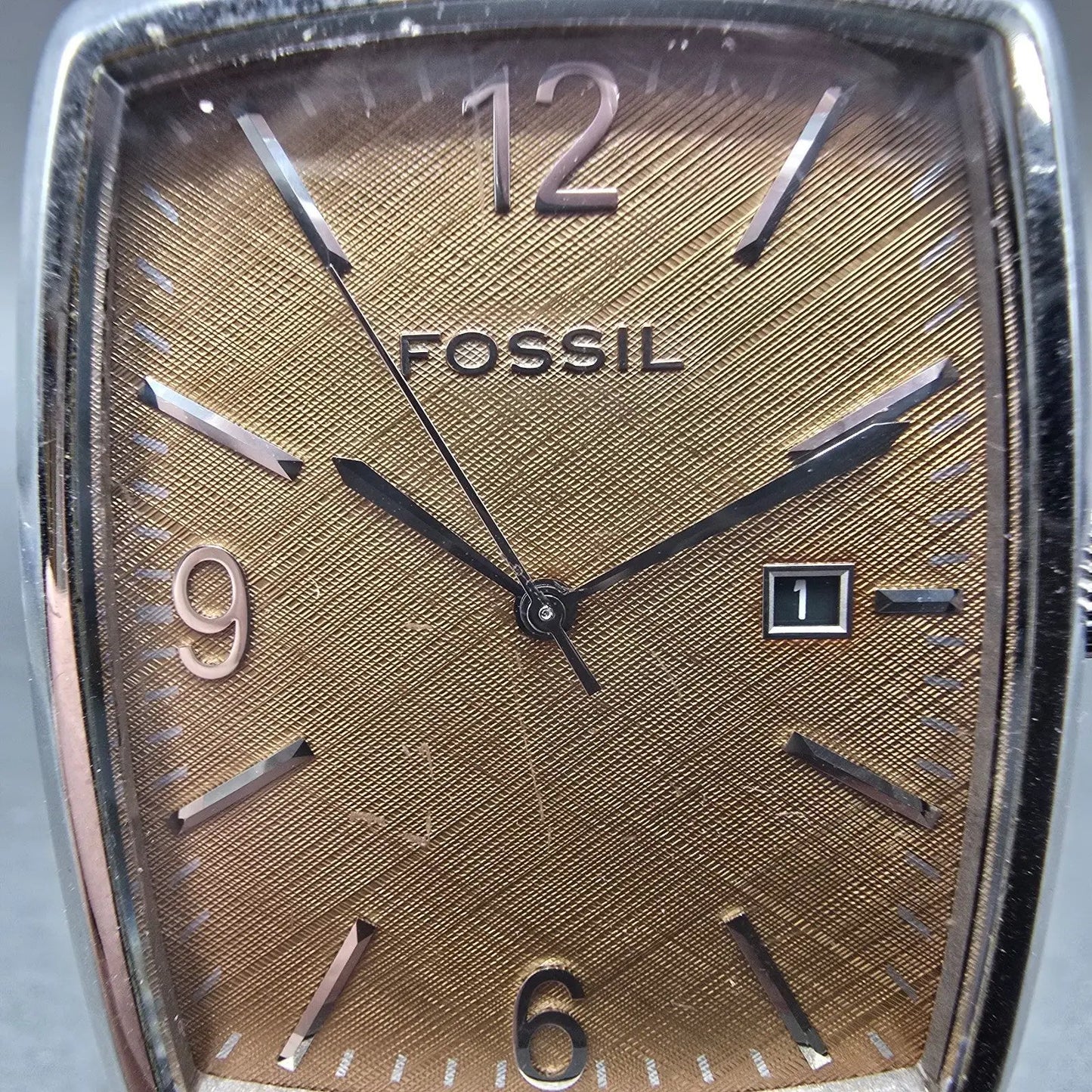 Fossil Tank Watch Men 36mm Brown Dial Silver Tone Date Rectangle FS-4048 New Bat1