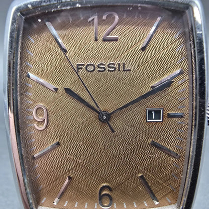 Fossil Tank Watch Men 36mm Brown Dial Silver Tone Date Rectangle FS-4048 New Bat1