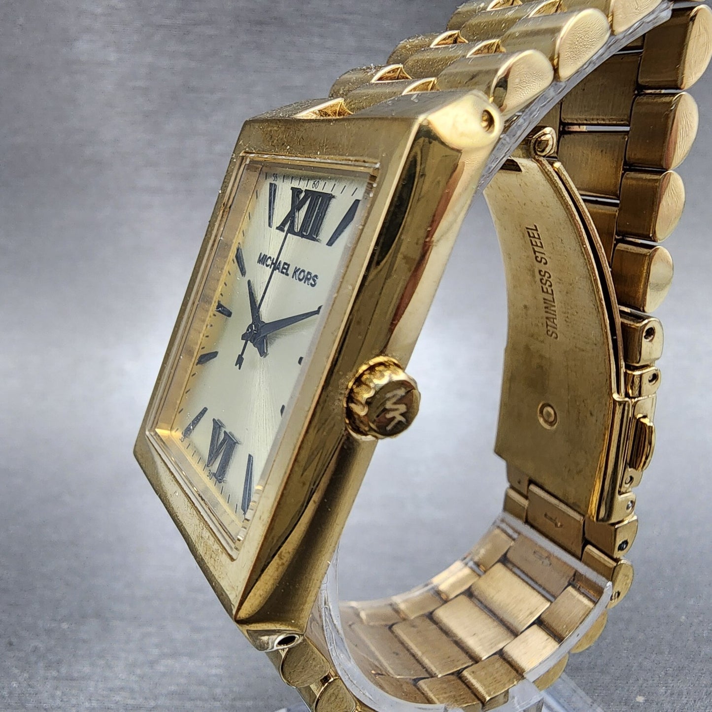 Michael Kors Nash Watch Women 27mm Champagne Dial Gold Tone Rectangle New Batt2