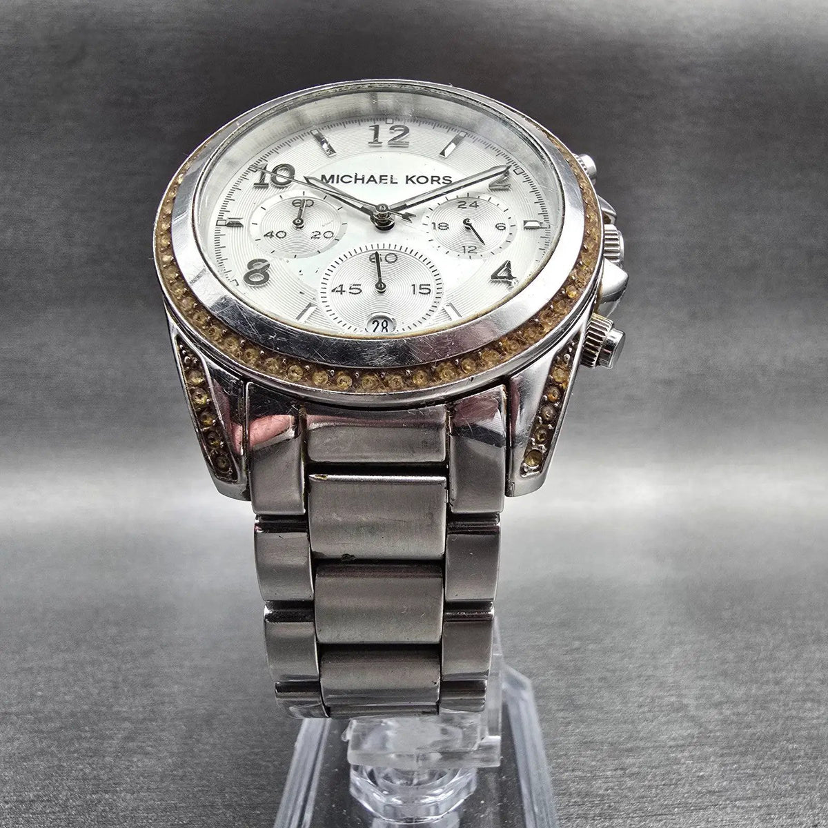 Michael Kors Blair Watch Men 39mm Silver Dial Chrono Date Gemmed MK5459 New Batt5